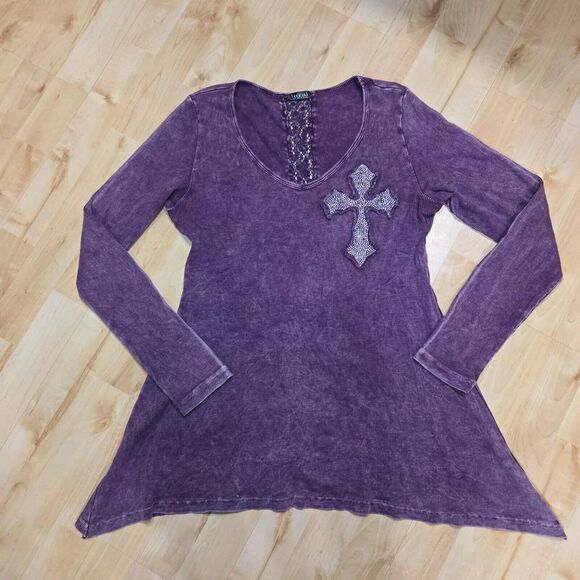 Vocal Purple Acid Wash Iridescent Rhinestone Ed Hardy Style Cross Top Medium Y2K - Picture 1 of 9